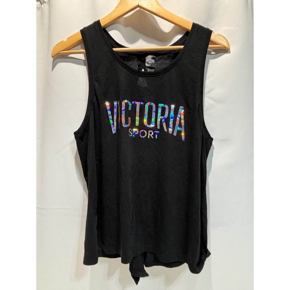 Victoria Sport Tank Top Women Small Black Holographic Logo Tie Front Open Back